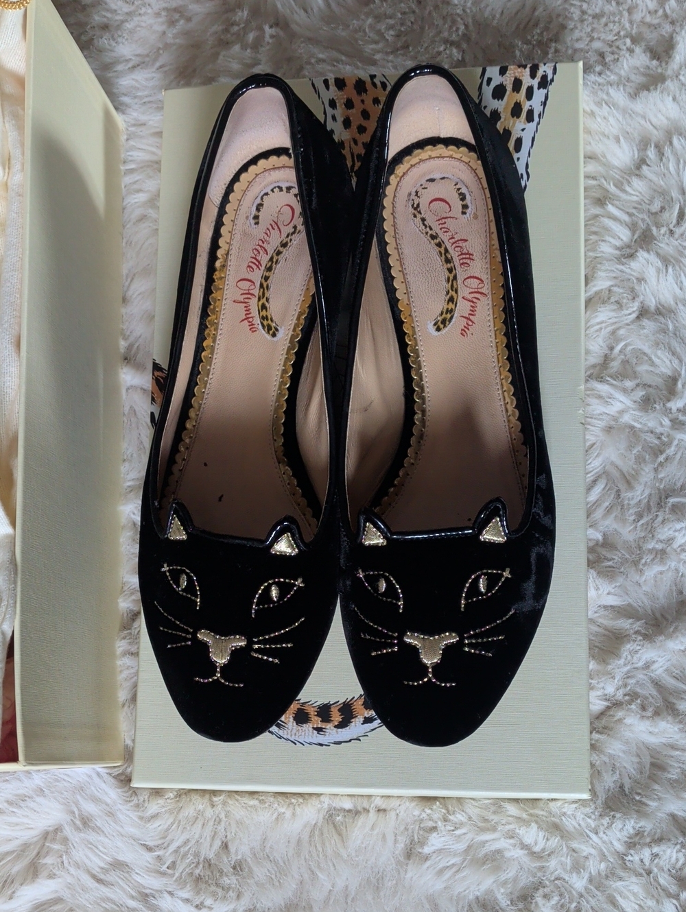 Charlotte Olympia Black Velvet Kitty Face Flats